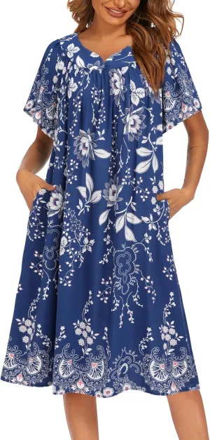 Ekouaer Womens Nightgown Short Sleeve House Dress with Pockets-Floral Print Mumu Dress