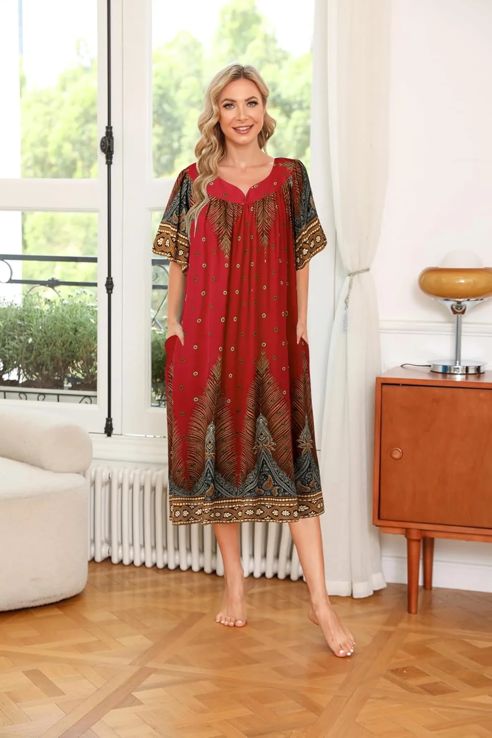 Ekouaer Womens Nightgown Short Sleeve House Dress with Pockets-Floral Print Mumu Dress