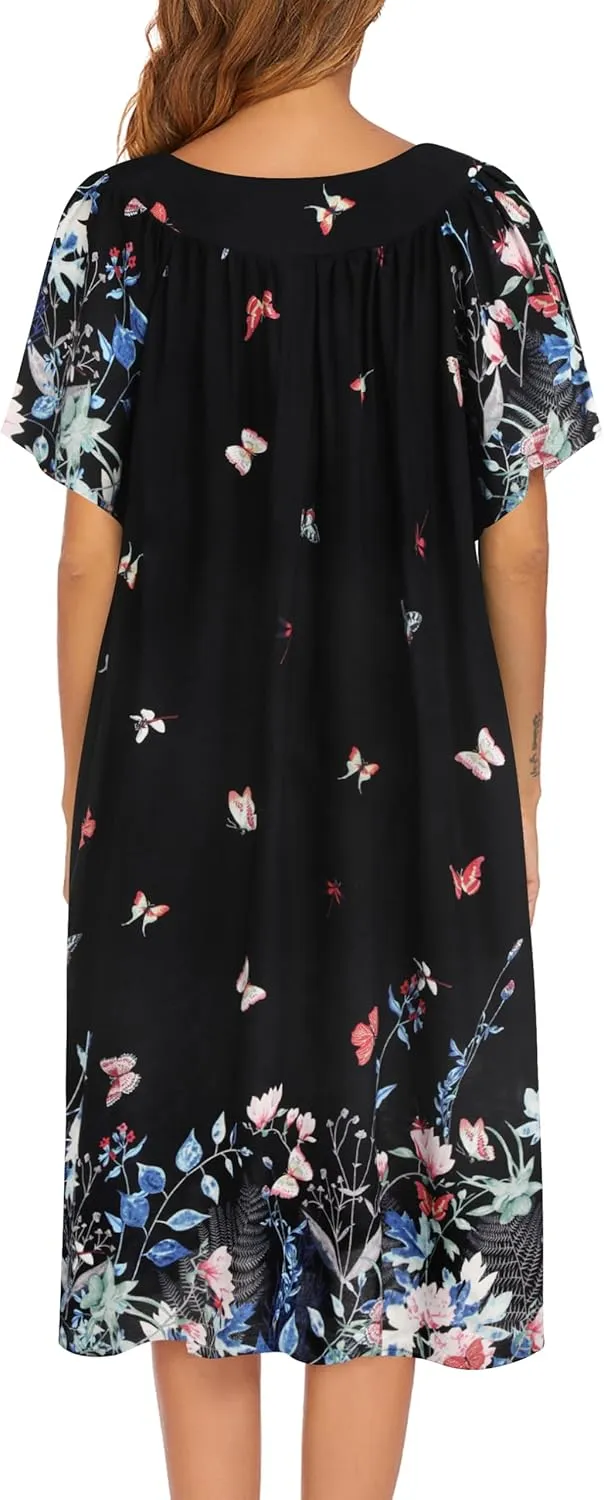 Ekouaer Womens Nightgown Short Sleeve House Dress with Pockets-Floral Print Mumu Dress