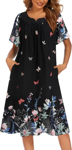 Ekouaer Womens Nightgown Short Sleeve House Dress with Pockets-Floral Print Mumu Dress