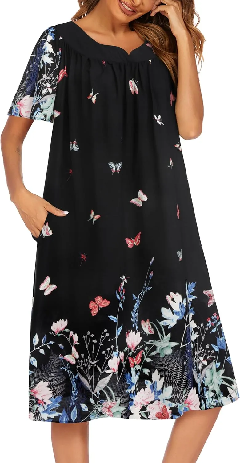 Ekouaer Womens Nightgown Short Sleeve House Dress with Pockets-Floral Print Mumu Dress