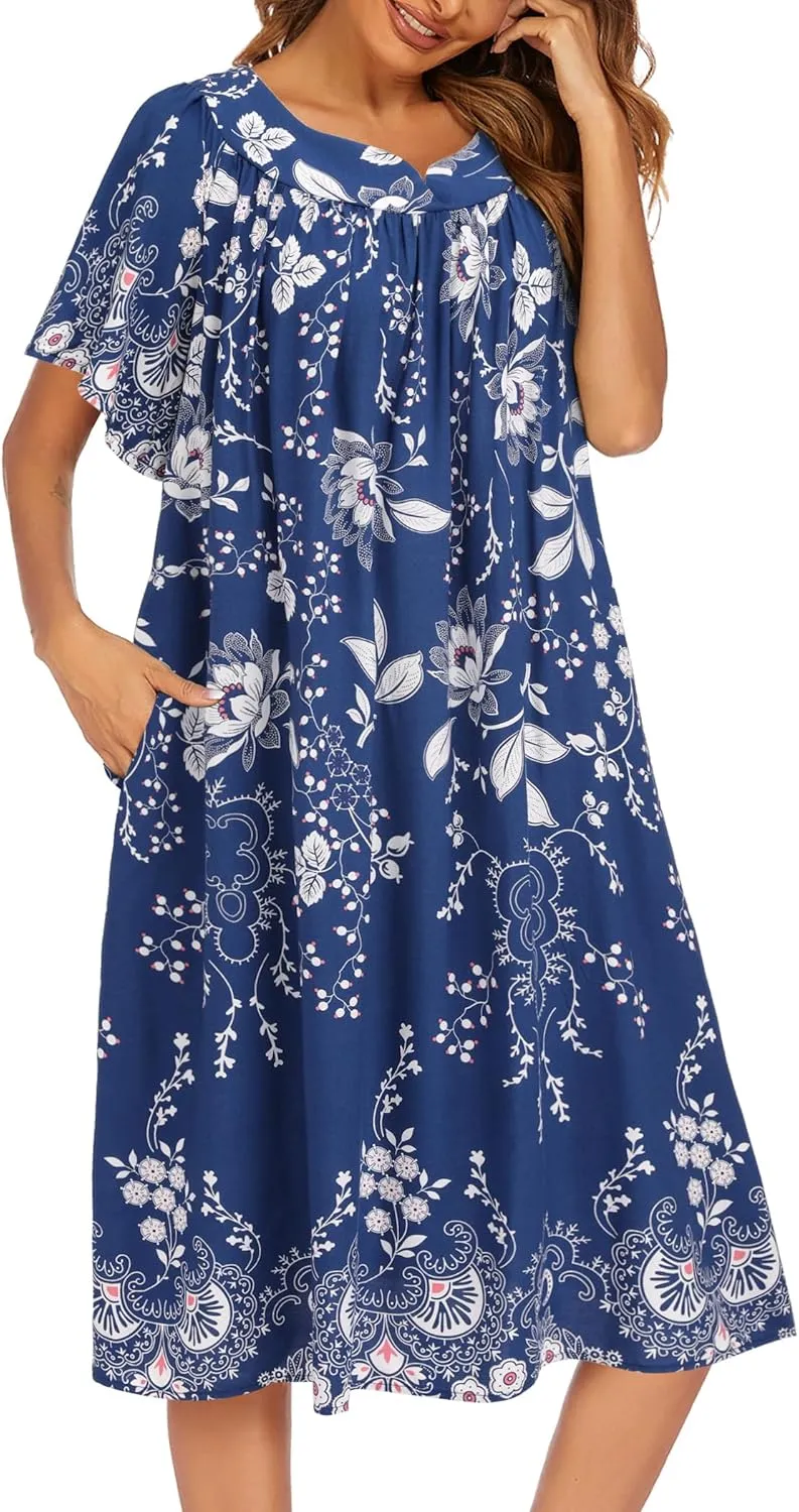 Ekouaer Womens Nightgown Short Sleeve House Dress with Pockets-Floral Print Mumu Dress