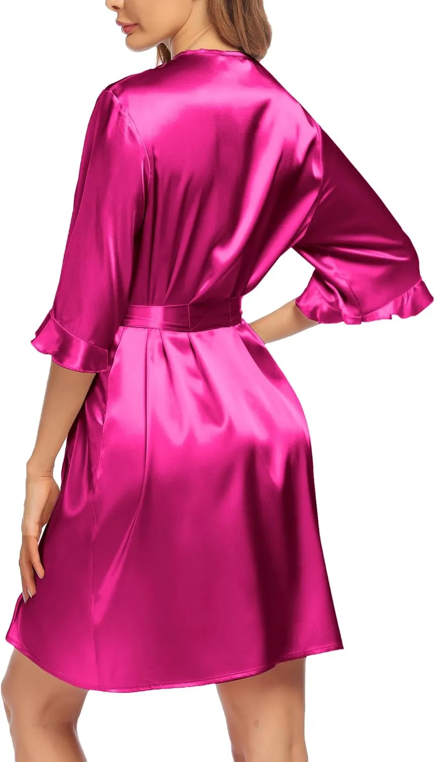 Ekouaer Women's Satin Robe Valentines Lingerie for Women Kimono Bathrobe Short Ruffle Belted Robes Bridesmaids Sleepwear