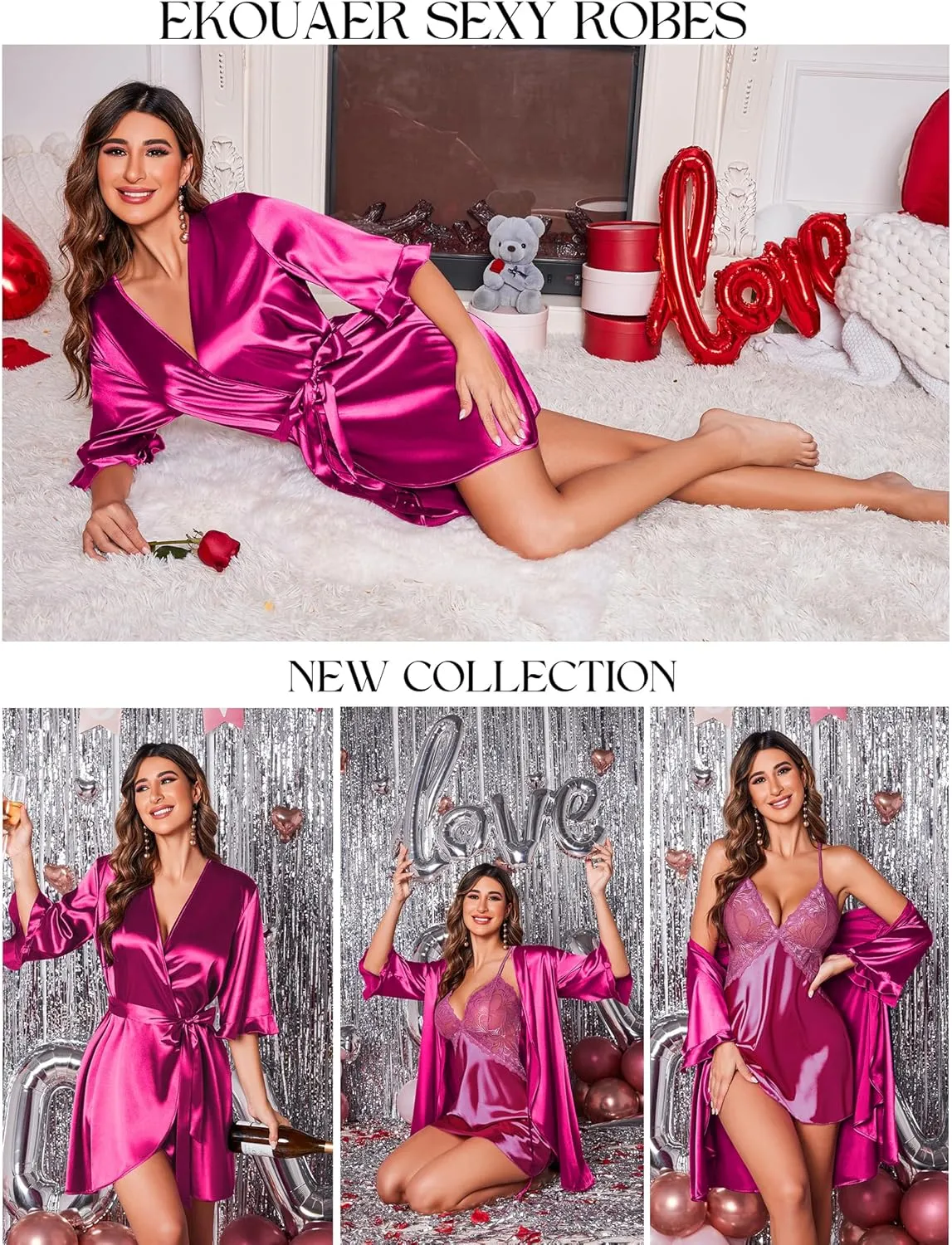 Ekouaer Women's Satin Robe Valentines Lingerie for Women Kimono Bathrobe Short Ruffle Belted Robes Bridesmaids Sleepwear