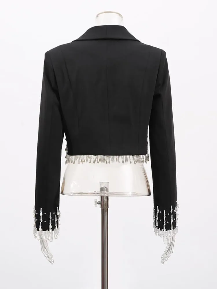 Elegant Beading Pearls Tassel Woman Blazer Luxury Fashion Prom Temperament Shawl Lapel Suit Jacket Evening Club Party