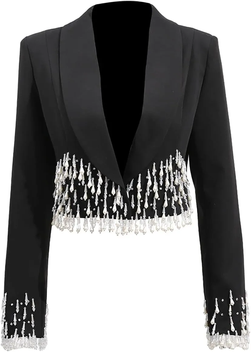 Elegant Beading Pearls Tassel Woman Blazer Luxury Fashion Prom Temperament Shawl Lapel Suit Jacket Evening Club Party
