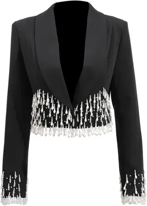 Elegant Beading Pearls Tassel Woman Blazer Luxury Fashion Prom Temperament Shawl Lapel Suit Jacket Evening Club Party