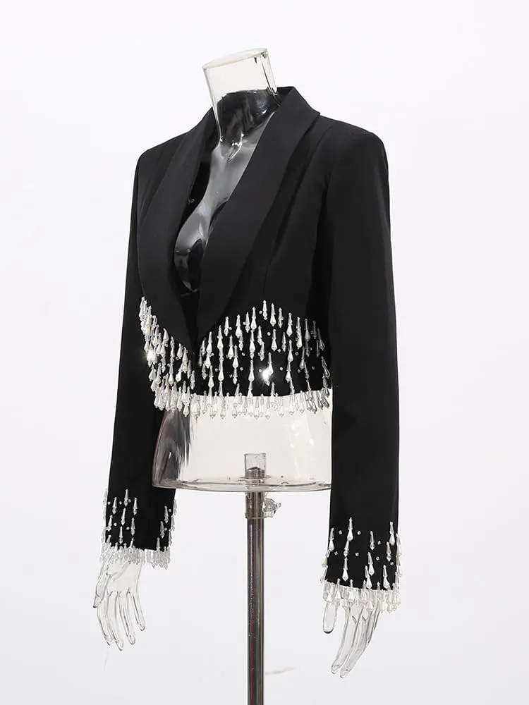 Elegant Beading Pearls Tassel Woman Blazer Luxury Fashion Prom Temperament Shawl Lapel Suit Jacket Evening Club Party