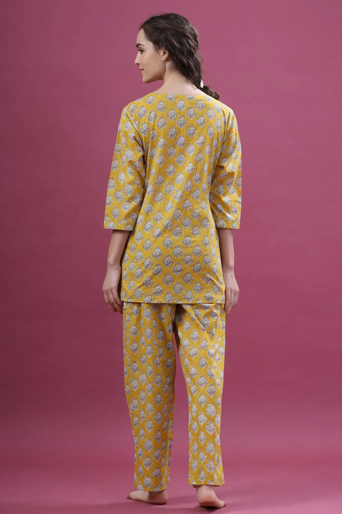 Floral Motifs On Yellow Loungewear Top Set