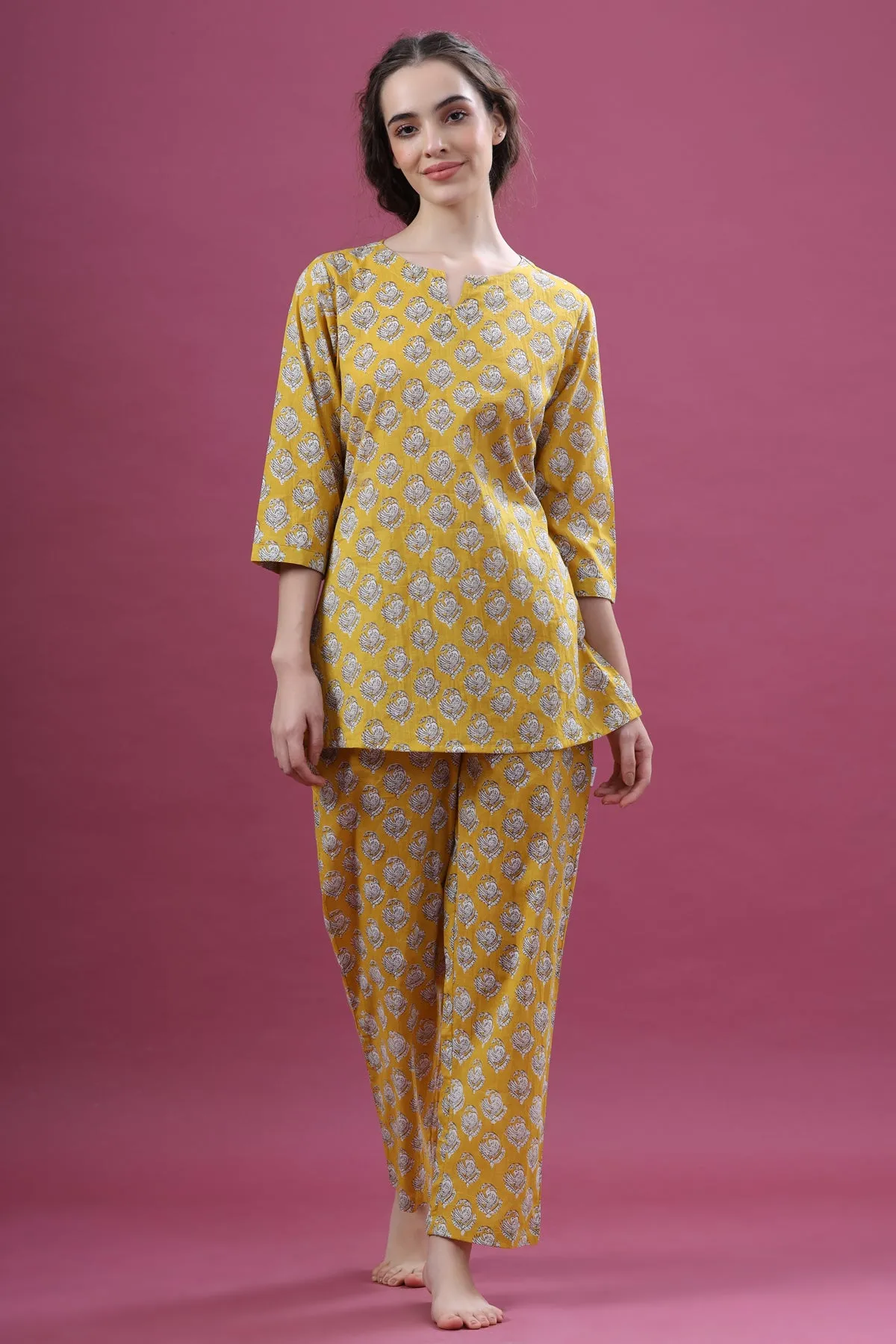Floral Motifs On Yellow Loungewear Top Set