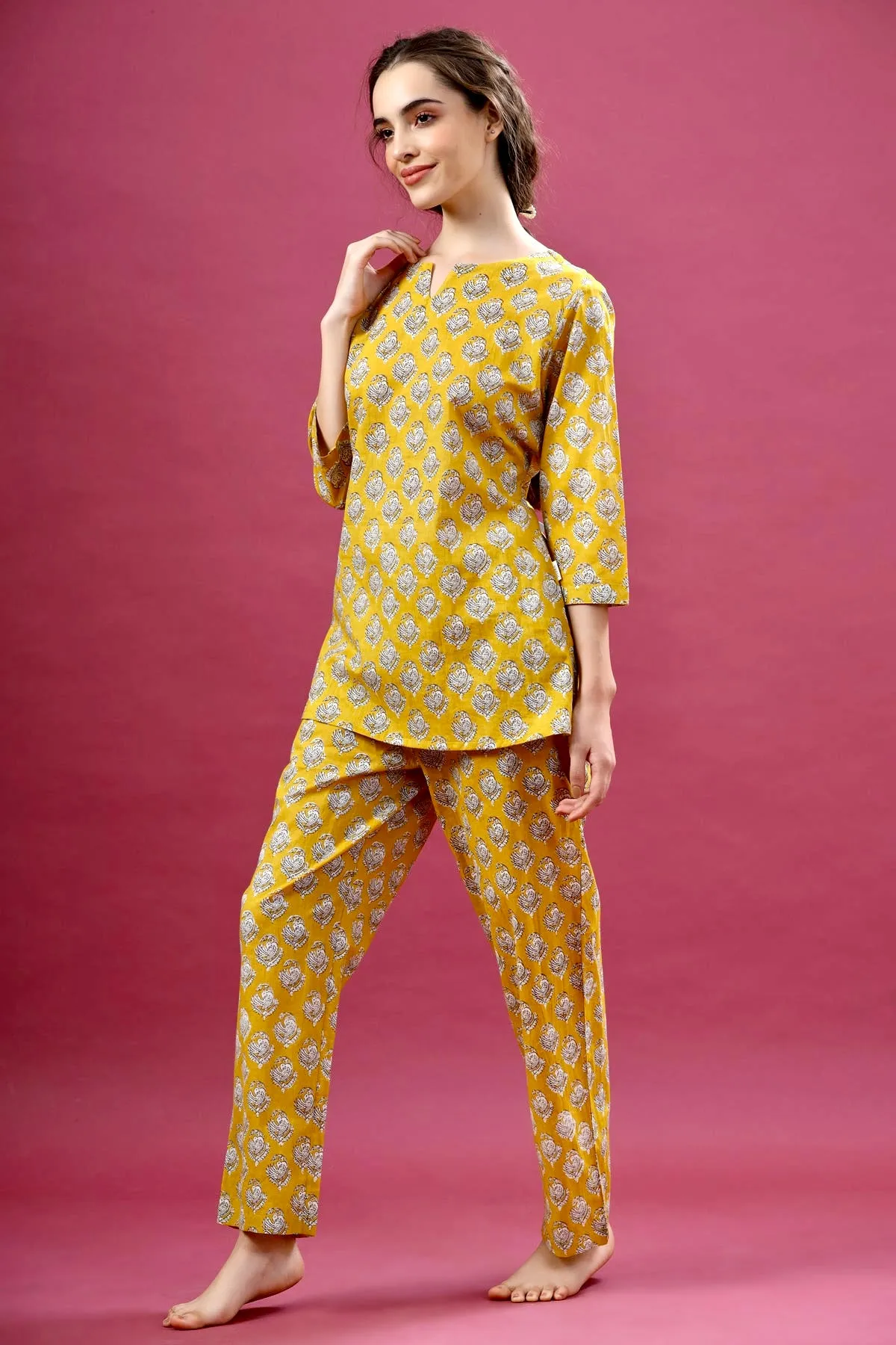 Floral Motifs On Yellow Loungewear Top Set