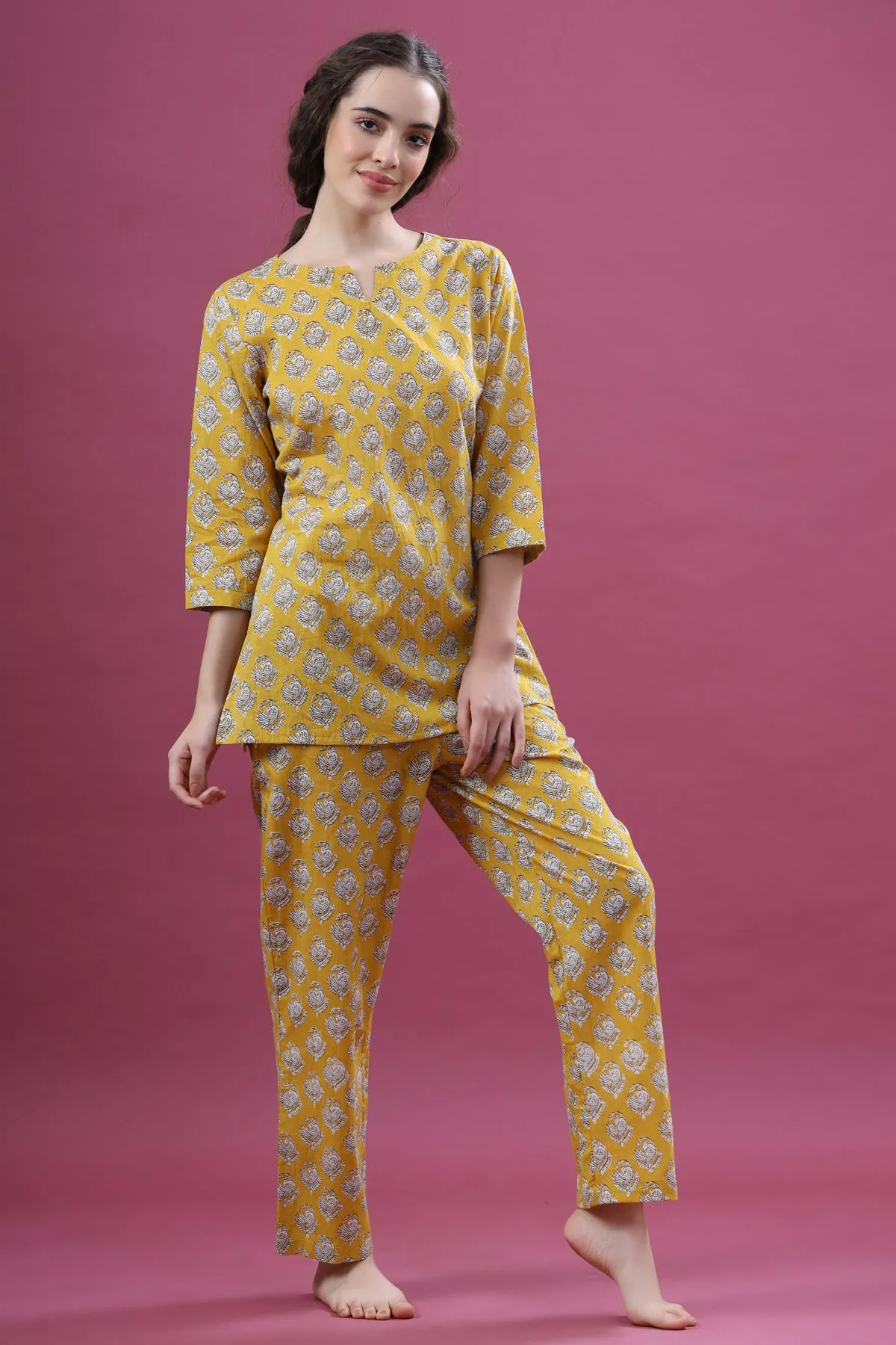 Floral Motifs On Yellow Loungewear Top Set