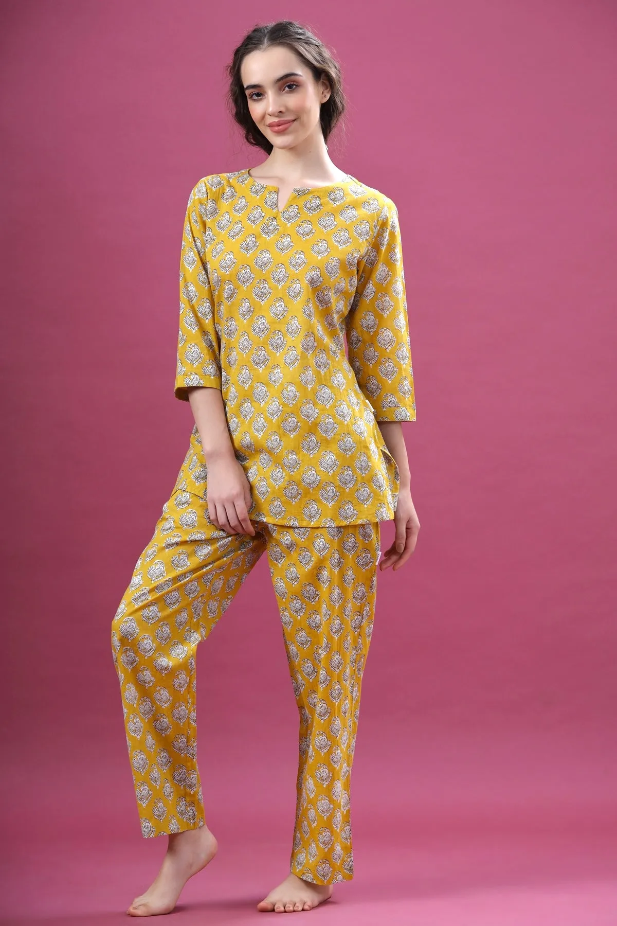 Floral Motifs On Yellow Loungewear Top Set