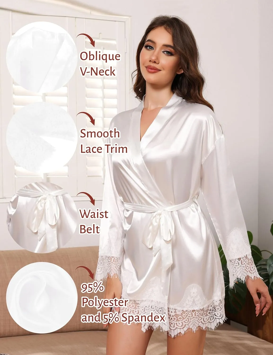 GAESHOW Satin Robe for Women Short Silky Robes with Lace Trim Wedding Party Bride Bridesmaid Bathrobes