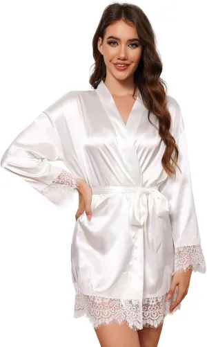 GAESHOW Satin Robe for Women Short Silky Robes with Lace Trim Wedding Party Bride Bridesmaid Bathrobes