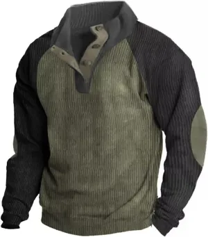 GOKKILRW Mens Waffle Sweatshirt Corduroy Shirts Casual Lapel Collar Button Up Pullover Thermal Sweater Casual Polo Sweatshirt