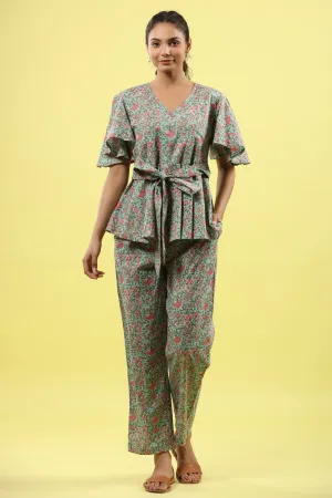 Green Jaal on Tie up Lounge Loungewear Top Set