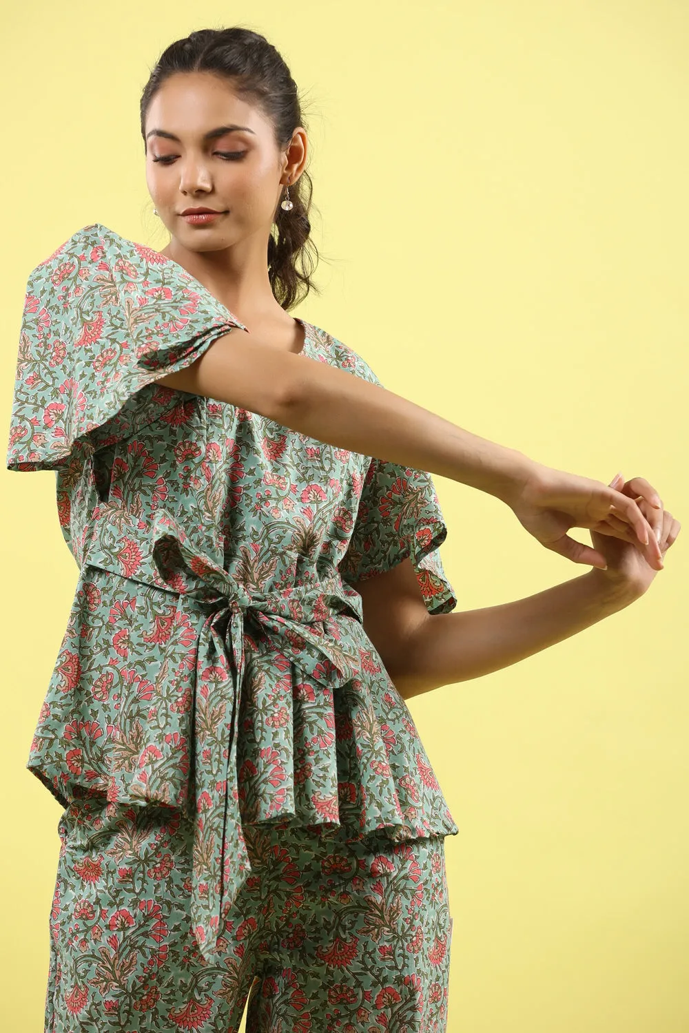 Green Jaal on Tie up Lounge Loungewear Top Set