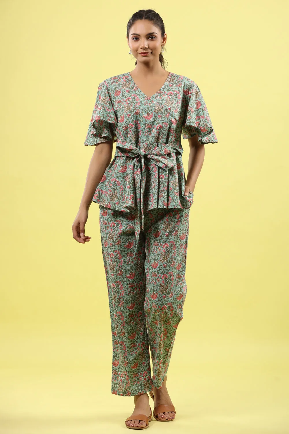 Green Jaal on Tie up Lounge Loungewear Top Set
