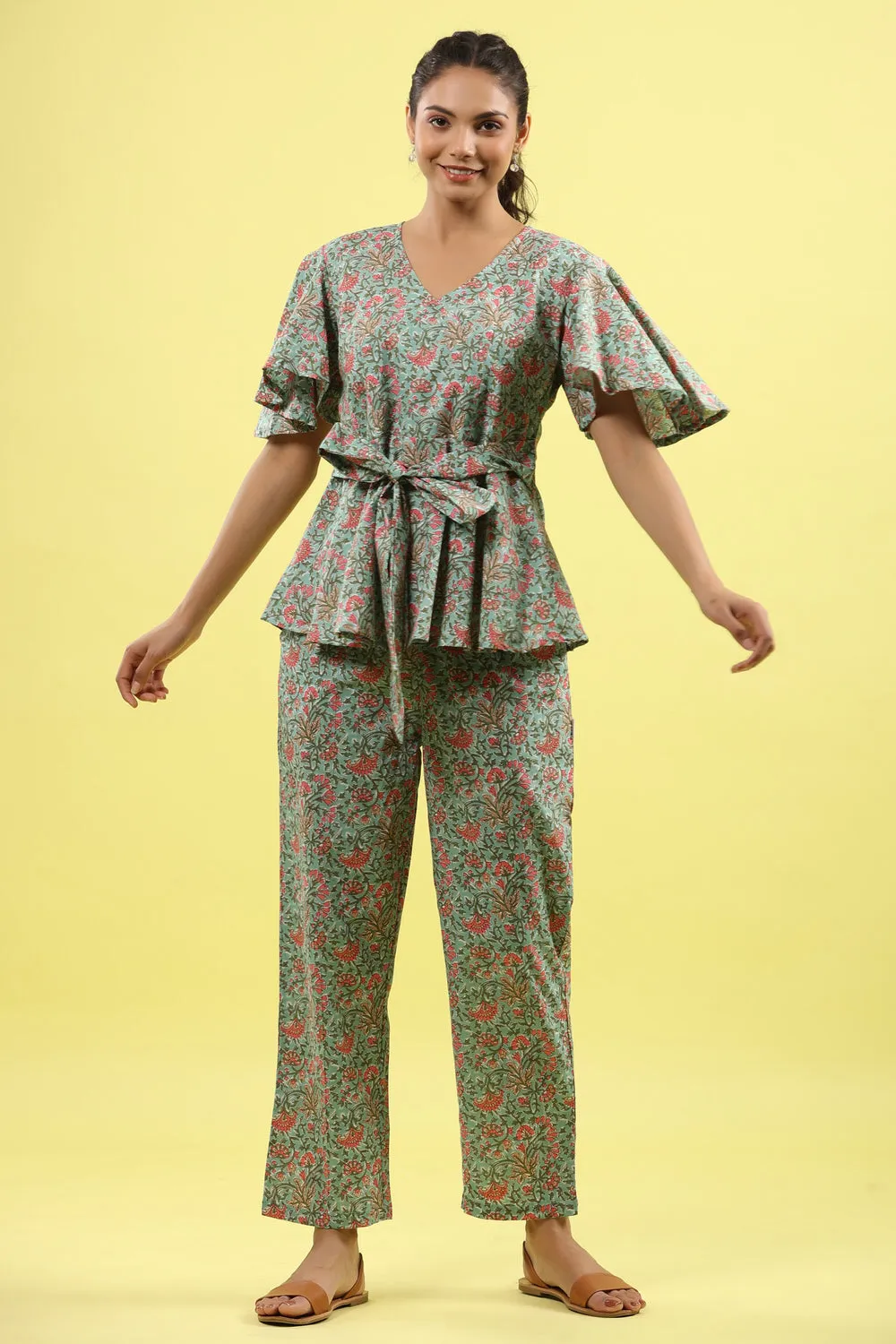 Green Jaal on Tie up Lounge Loungewear Top Set