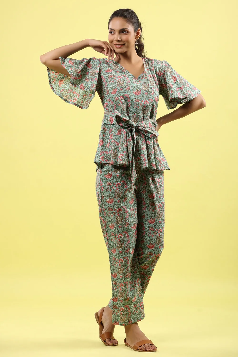 Green Jaal on Tie up Lounge Loungewear Top Set