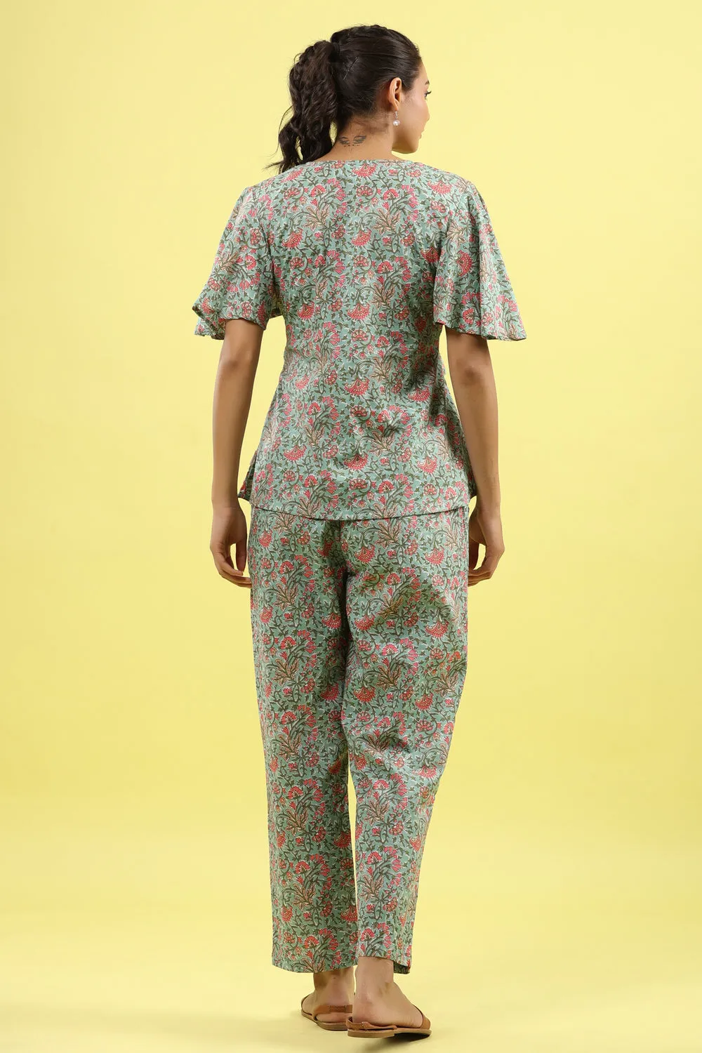 Green Jaal on Tie up Lounge Loungewear Top Set
