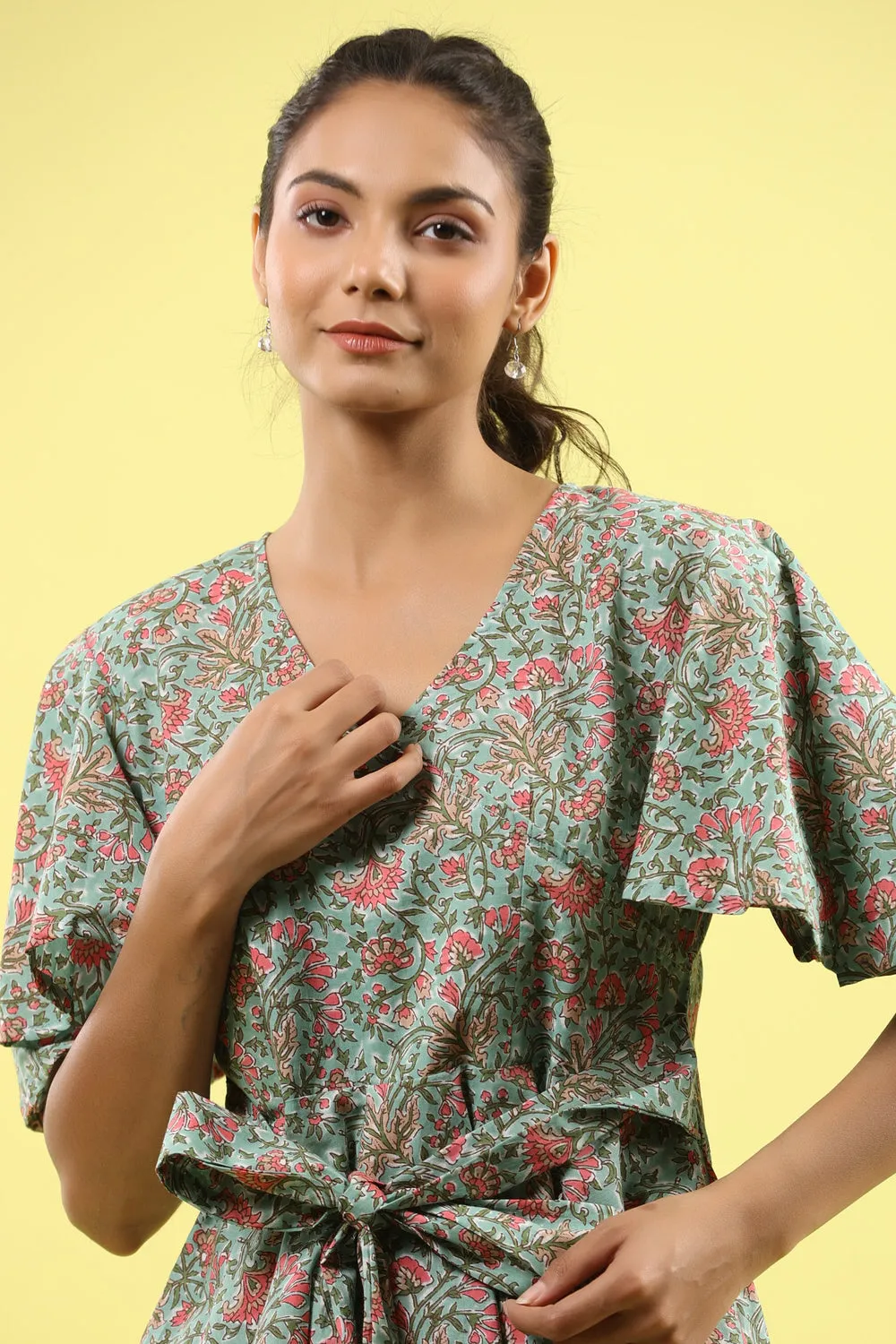 Green Jaal on Tie up Lounge Loungewear Top Set