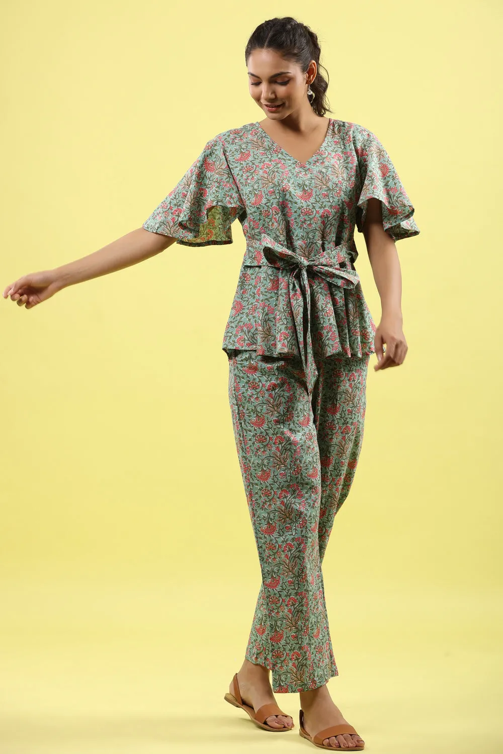 Green Jaal on Tie up Lounge Loungewear Top Set