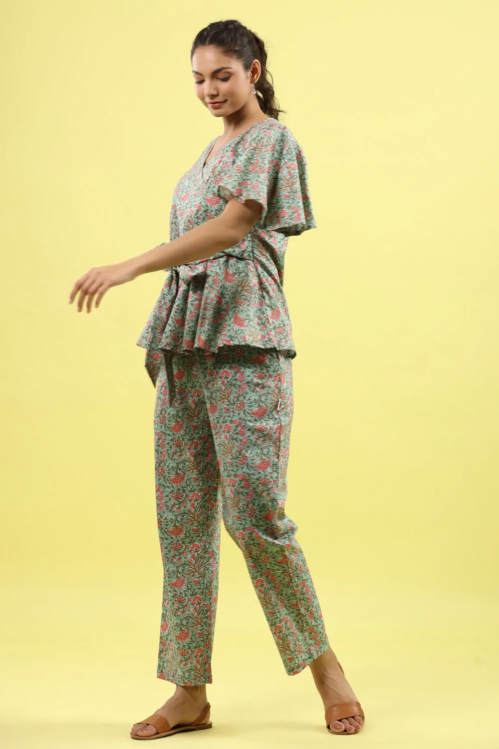 Green Jaal on Tie up Lounge Loungewear Top Set