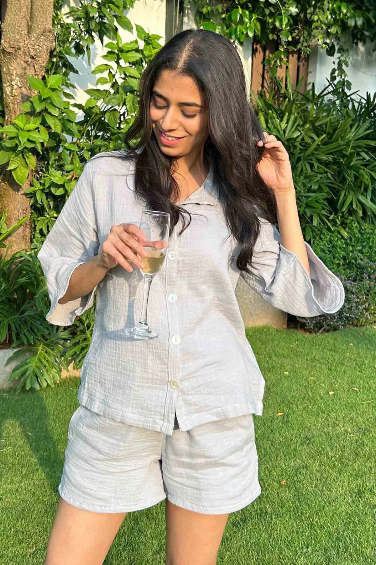Grey Cotton Blend Shorts Set