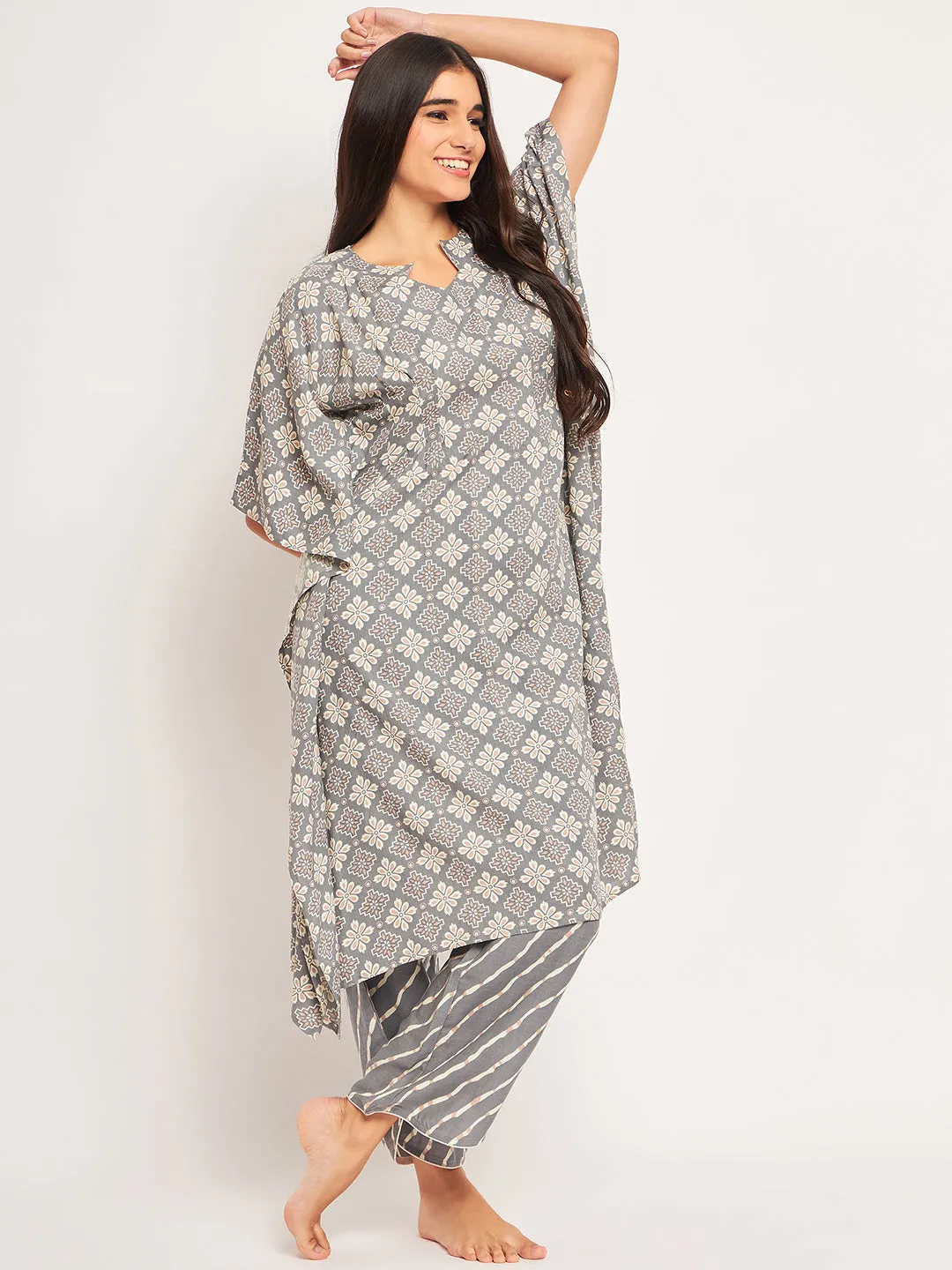 Grey Geometric Kaftan Coord Set