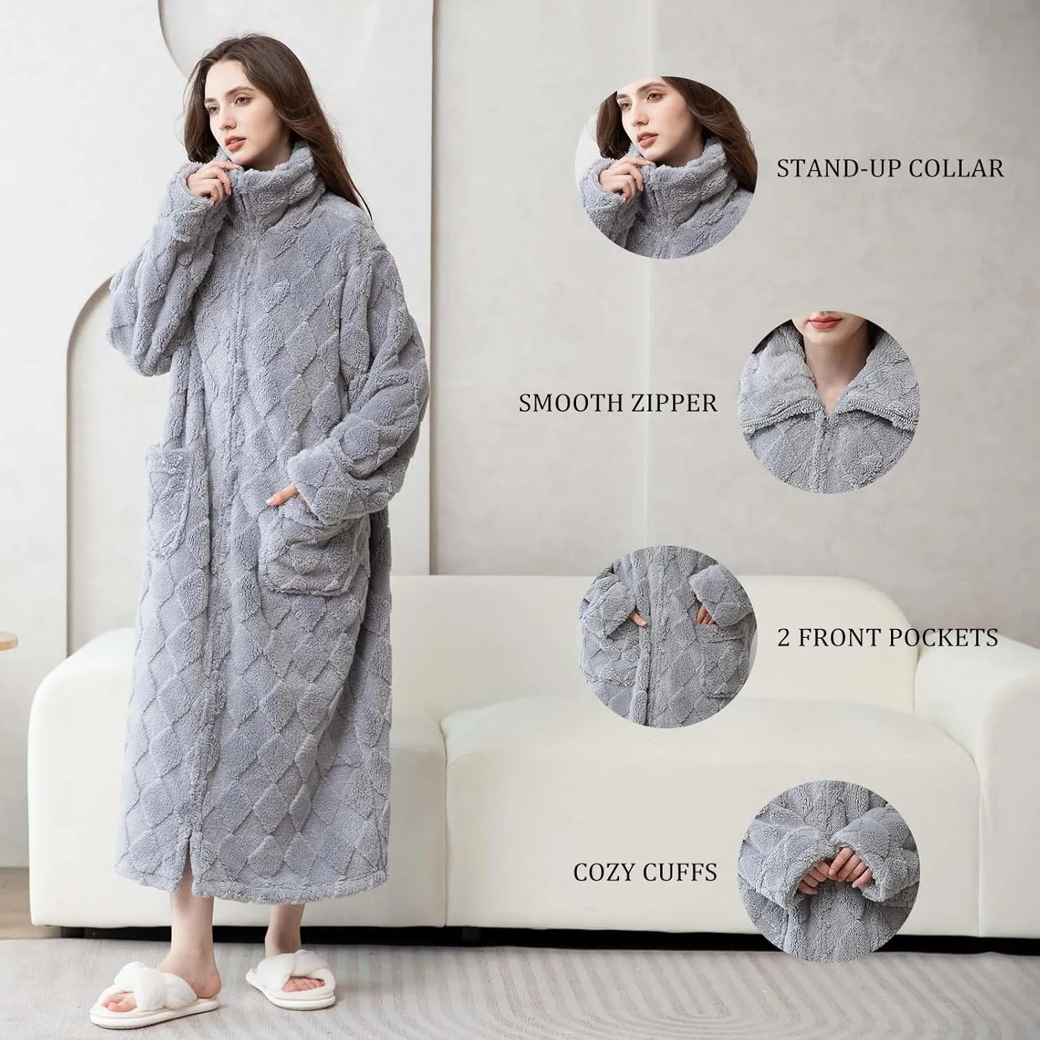Hellomamma Womens Robes Warm Plush Winter Robe, Zip up Long Fleece Bath Robes Female, Zipper Bathrobes for Women