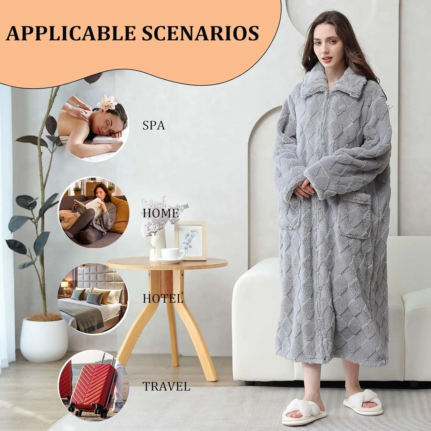Hellomamma Womens Robes Warm Plush Winter Robe, Zip up Long Fleece Bath Robes Female, Zipper Bathrobes for Women