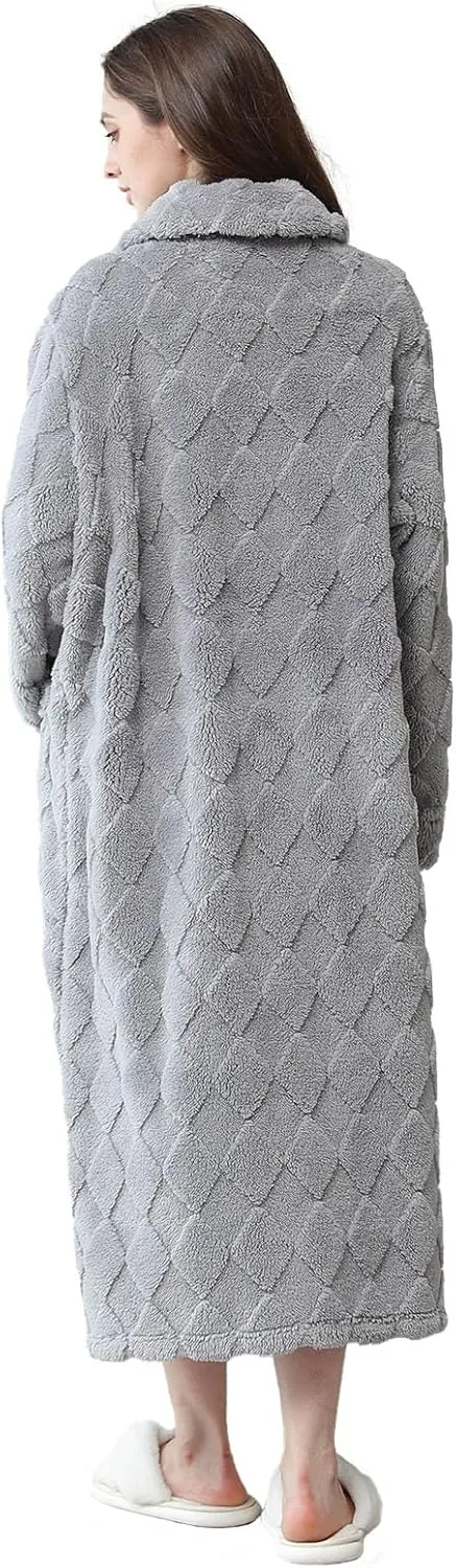 Hellomamma Womens Robes Warm Plush Winter Robe, Zip up Long Fleece Bath Robes Female, Zipper Bathrobes for Women