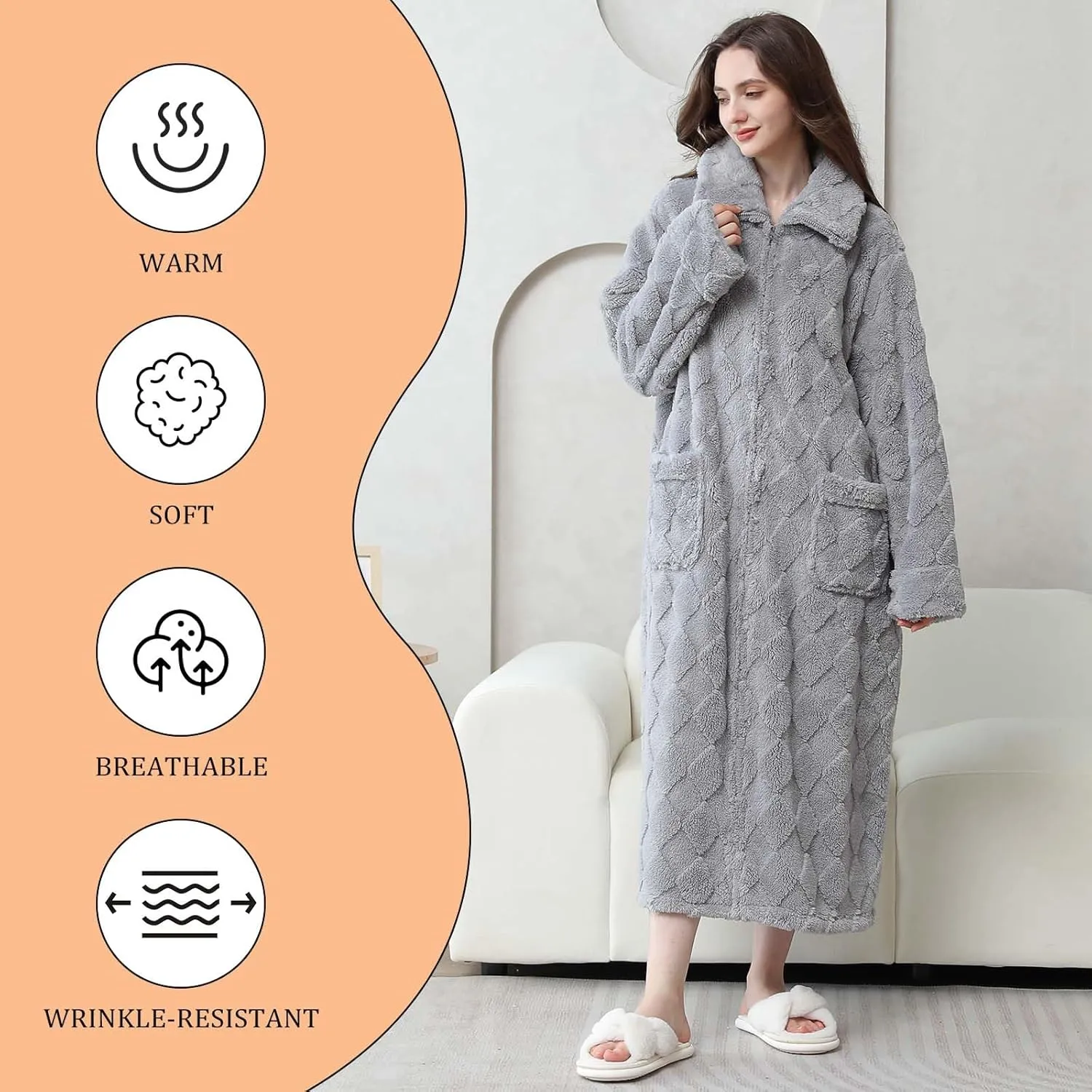 Hellomamma Womens Robes Warm Plush Winter Robe, Zip up Long Fleece Bath Robes Female, Zipper Bathrobes for Women