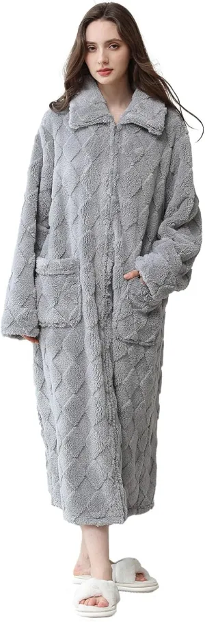 Hellomamma Womens Robes Warm Plush Winter Robe, Zip up Long Fleece Bath Robes Female, Zipper Bathrobes for Women