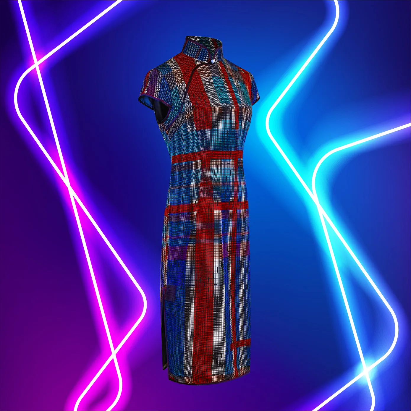 【HK SPIRIT】100% Silk Cheongsam - Mesh Version (Cap Sleeve) (紅白藍)