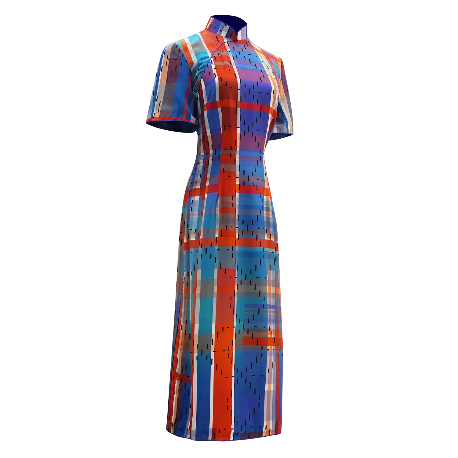 【HK SPIRIT】100% Silk Crystal Cheongsam (Cap Sleeve) (紅白藍) (Pearl Button)