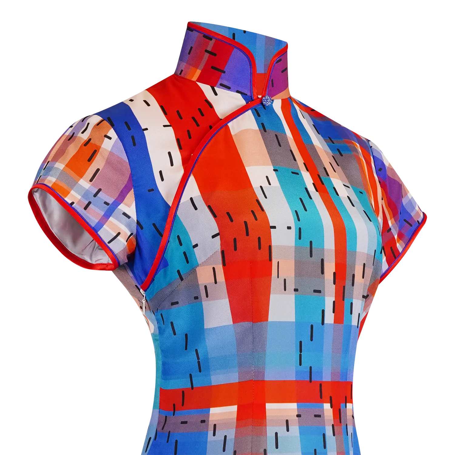 【HK SPIRIT】100% Silk Crystal Cheongsam (Cap Sleeve) (紅白藍) (Pearl Button)