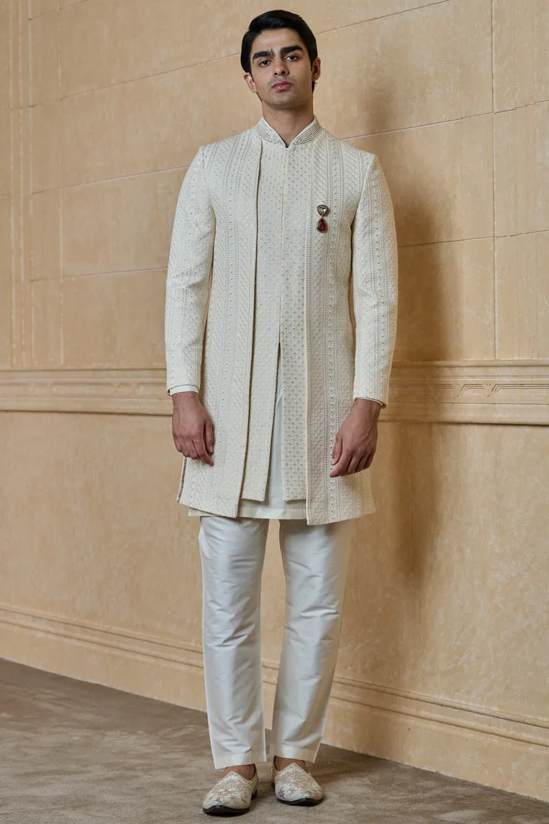 Ivory Faux Layered Embroidered Sherwani