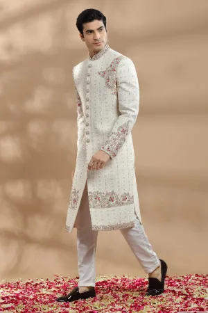 Ivory Hand Embroidered Sherwani With Placement Embroidery In Resham, Zardosi And Kasab Work.