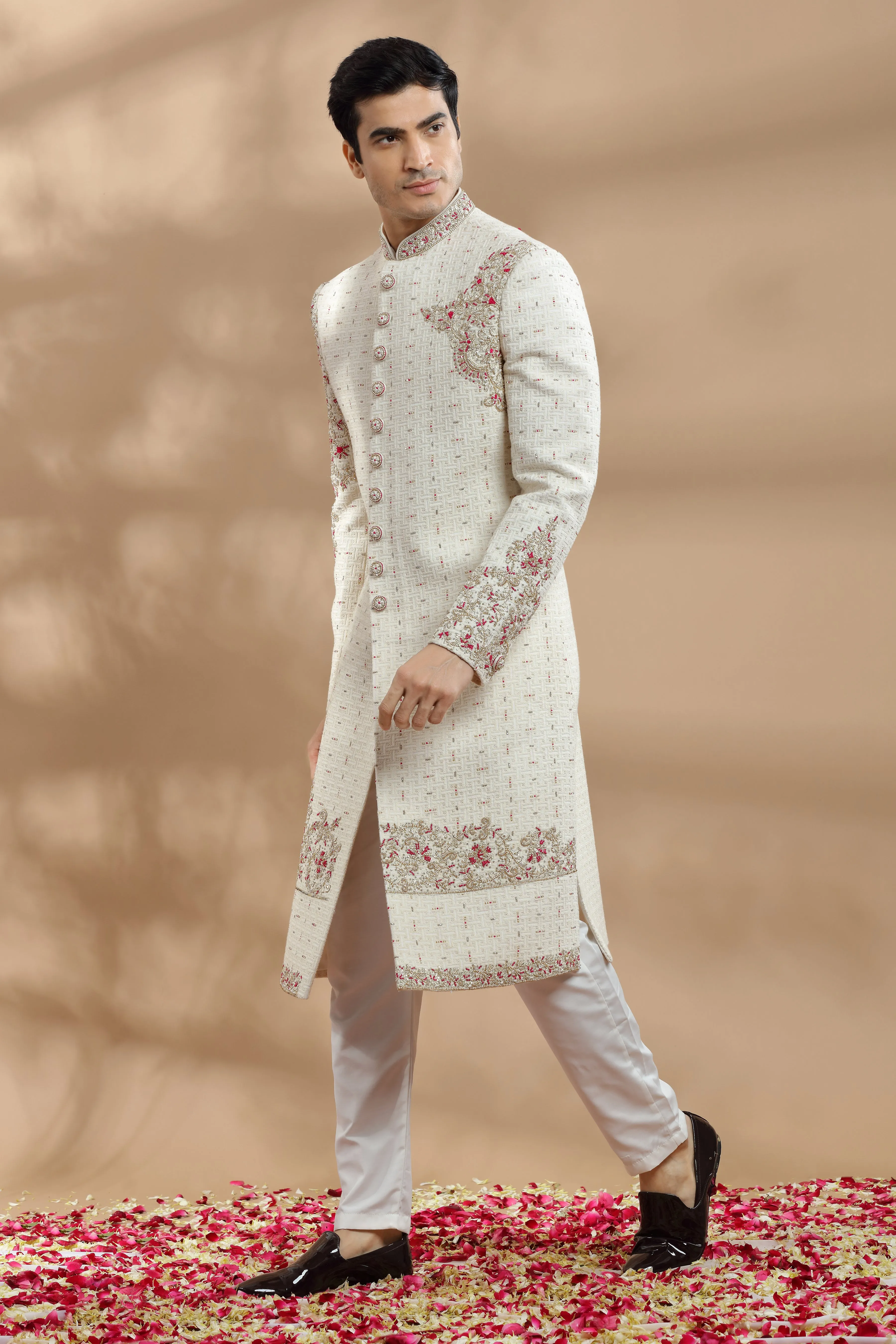 Ivory Hand Embroidered Sherwani With Placement Embroidery In Resham, Zardosi And Kasab Work.