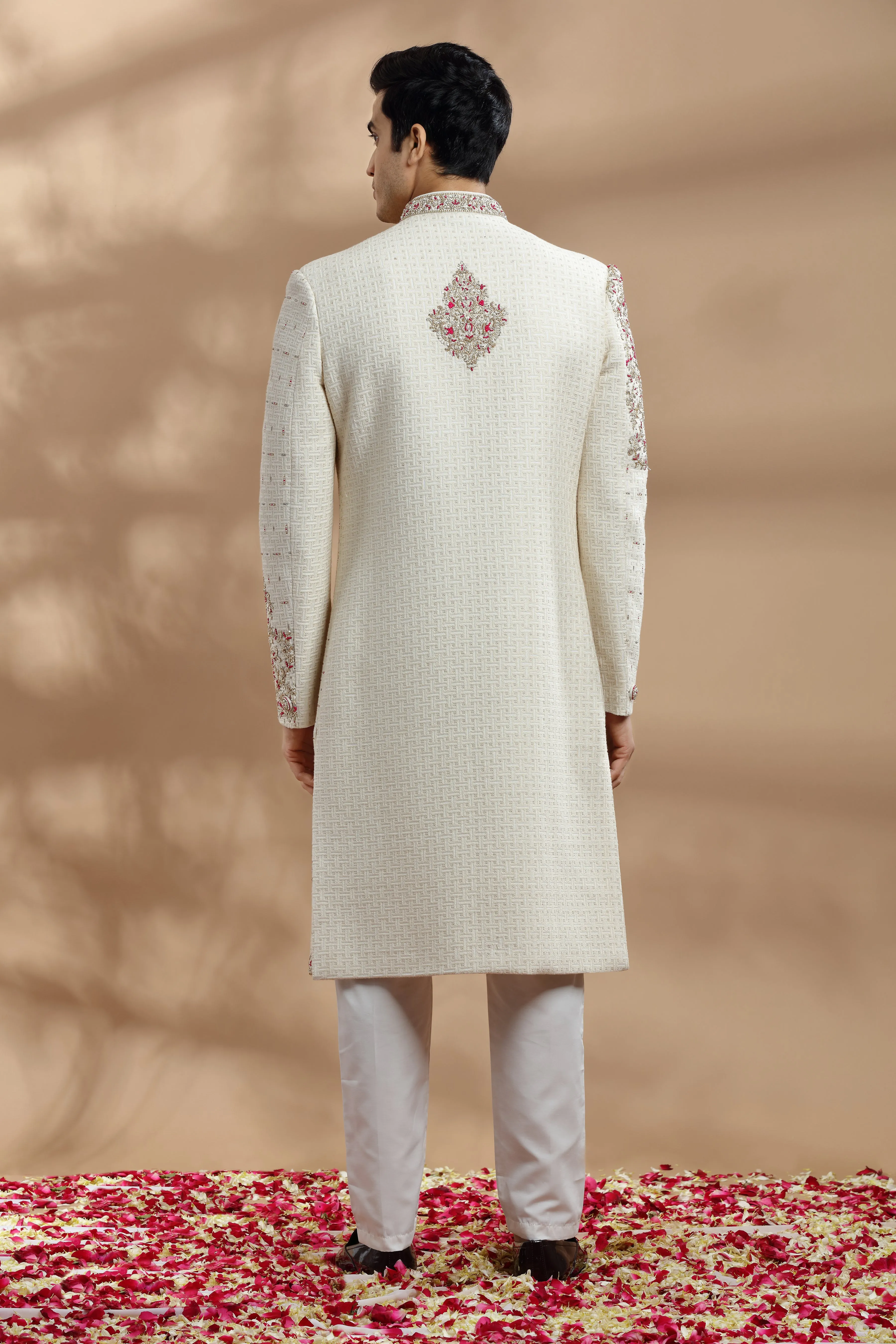 Ivory Hand Embroidered Sherwani With Placement Embroidery In Resham, Zardosi And Kasab Work.