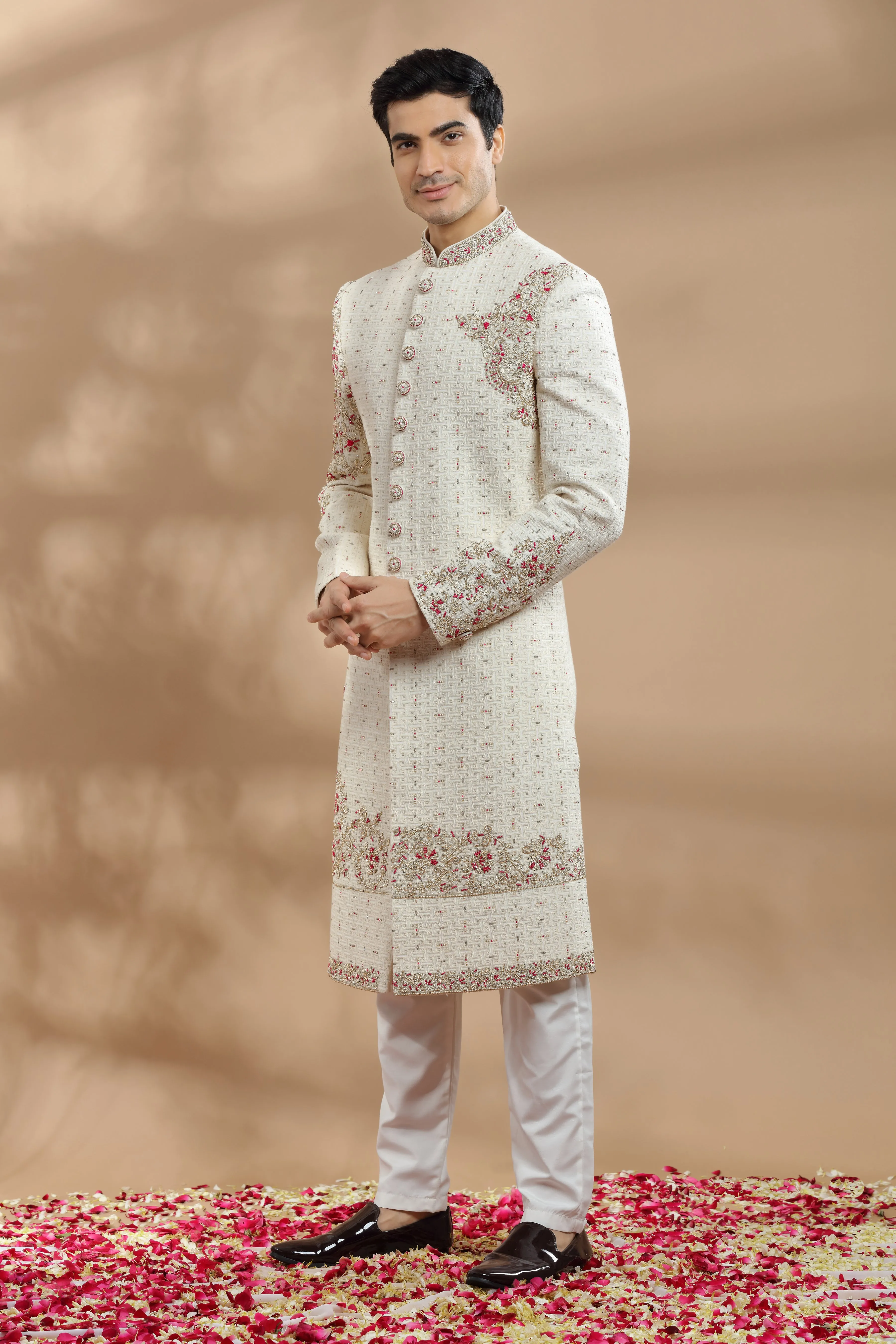 Ivory Hand Embroidered Sherwani With Placement Embroidery In Resham, Zardosi And Kasab Work.