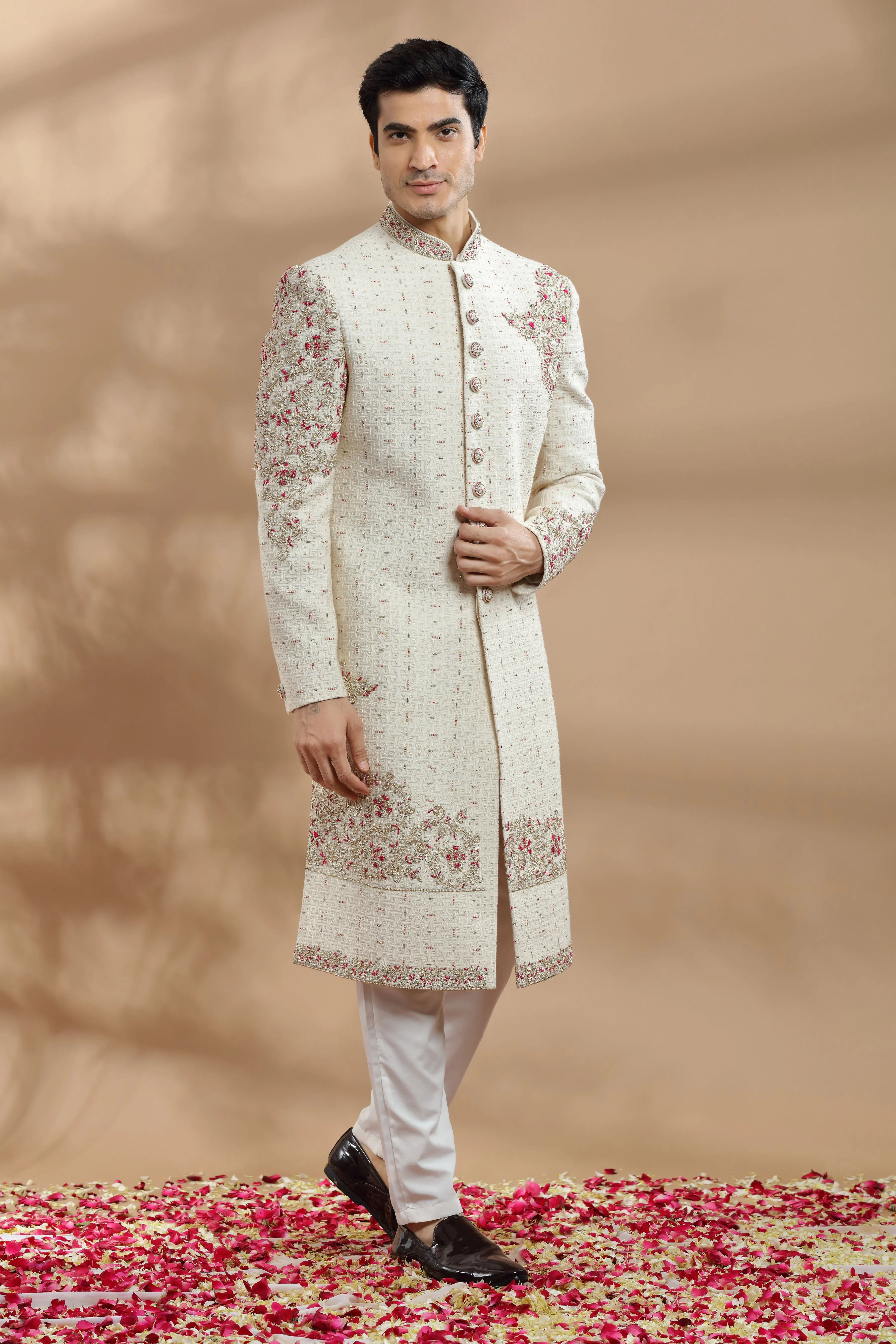 Ivory Hand Embroidered Sherwani With Placement Embroidery In Resham, Zardosi And Kasab Work.