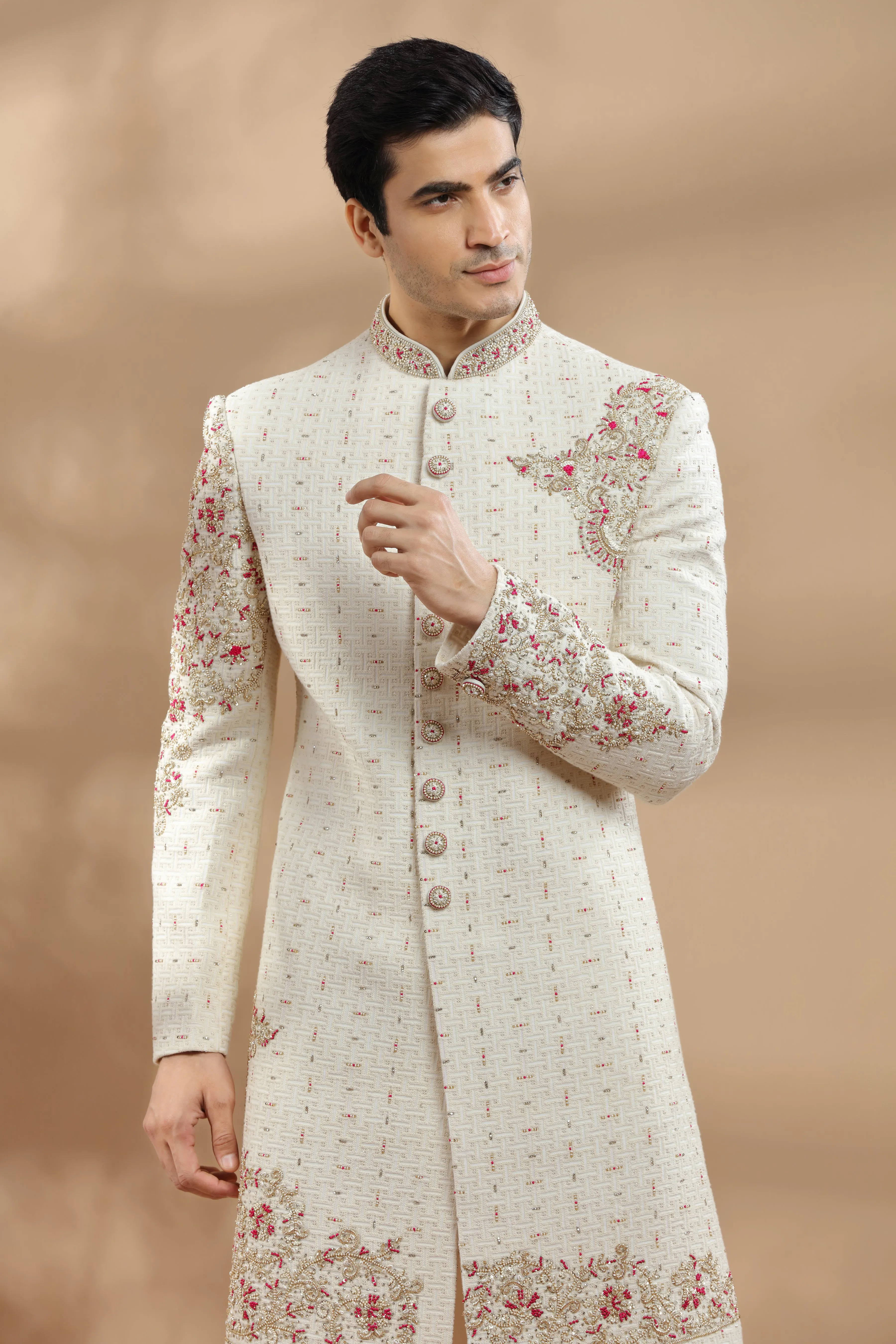 Ivory Hand Embroidered Sherwani With Placement Embroidery In Resham, Zardosi And Kasab Work.