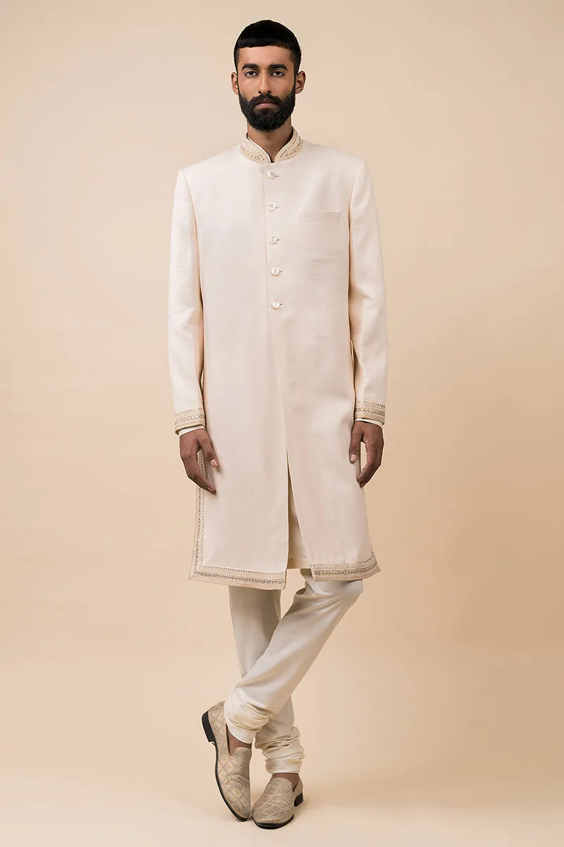 Ivory Linen Sherwani With Embroidered Borders