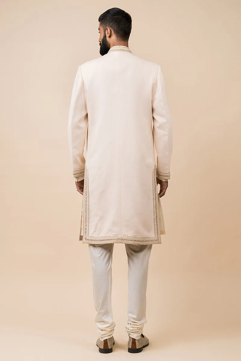 Ivory Linen Sherwani With Embroidered Borders