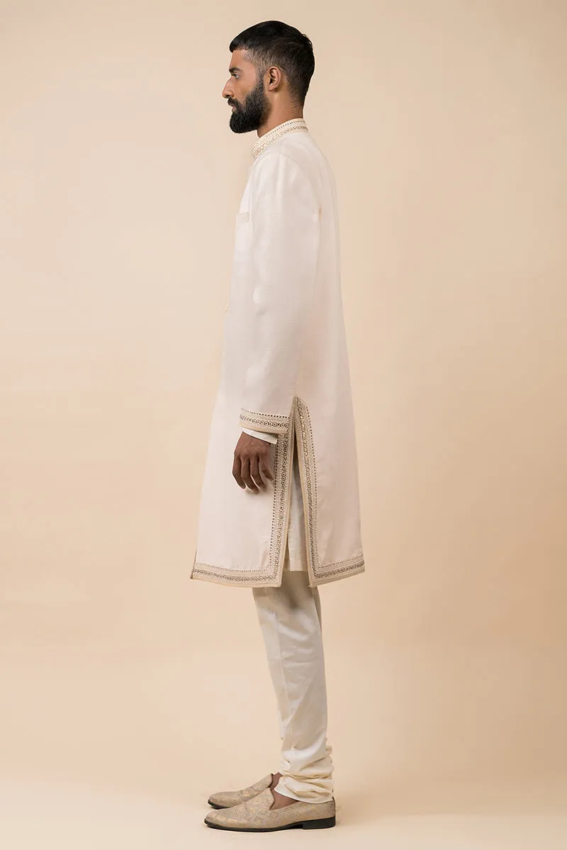 Ivory Linen Sherwani With Embroidered Borders