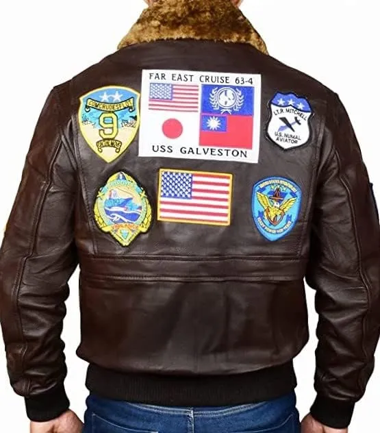 Jild Aviator Tom Multiple Patches Cruise Genuine Leather Jacket Men - G1 USAAF Pilot Fur Collar Maveric Bomber Leather Jacket
